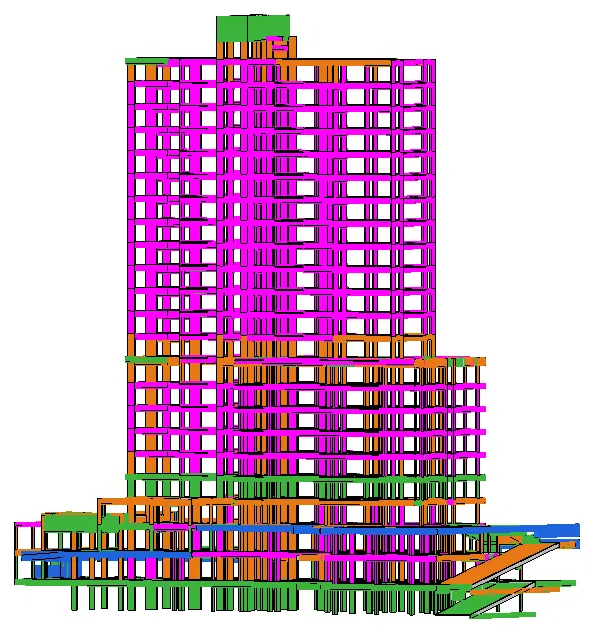 Modelo estrutural em BIM com a fôrma colorida por status: verde para novo, laranja para compensado, magenta para reaproveitado e azul para não se aplica