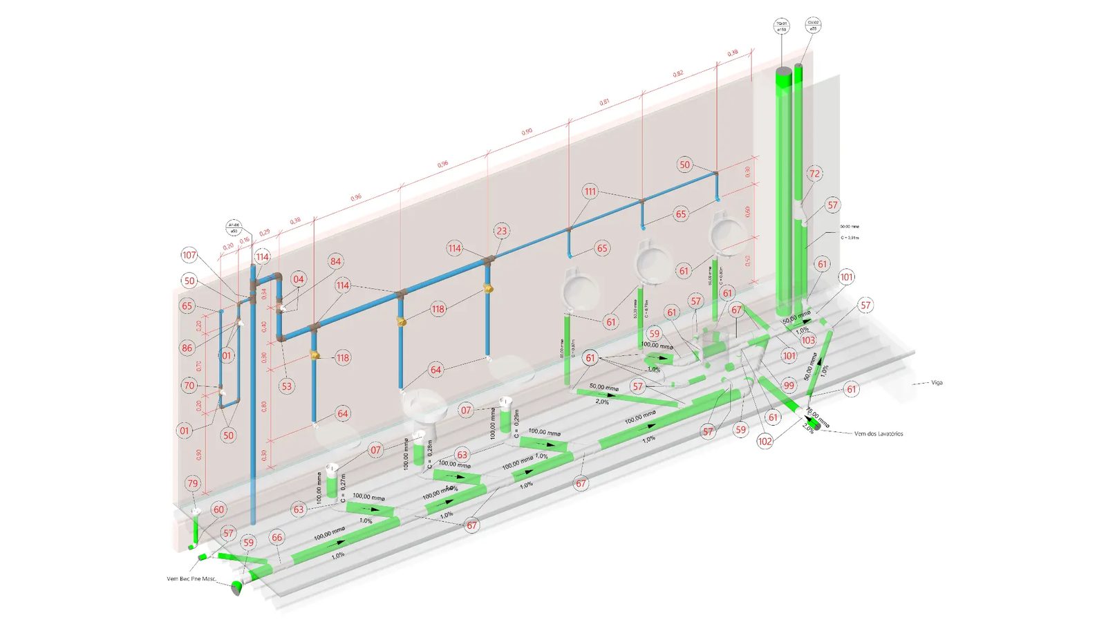 Modelo BIM de instalações com cotas e levantamento de quantitativos